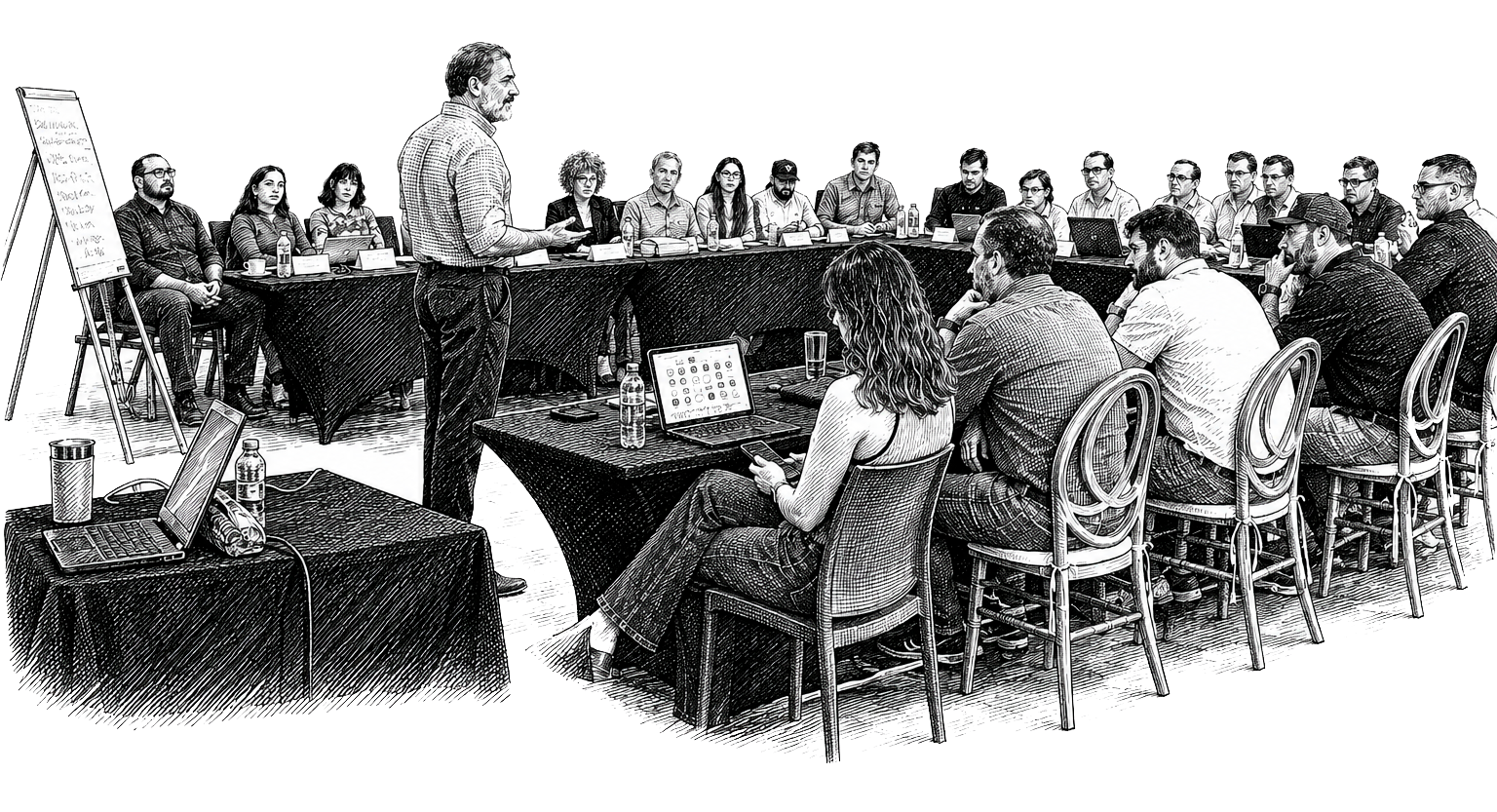 Sesión de discusión de casos alrededor de una mesa larga, dirigida por El Nando