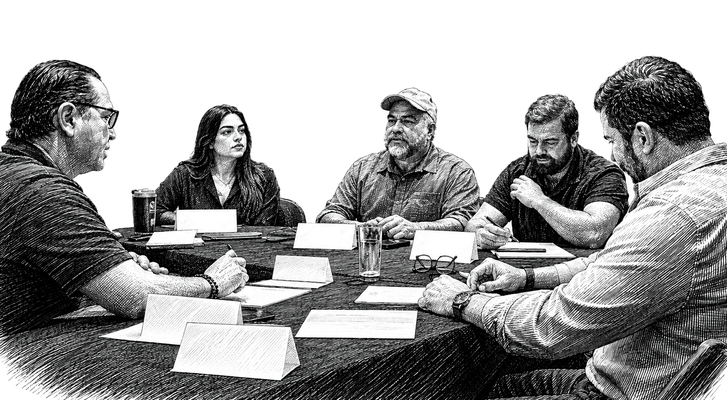 Seis directivos discutiendo un caso alrededor de una mesa